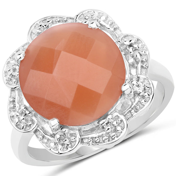 5.68 Carat Genuine Peach Moonstone and White Topaz .925 Sterling Silver Ring