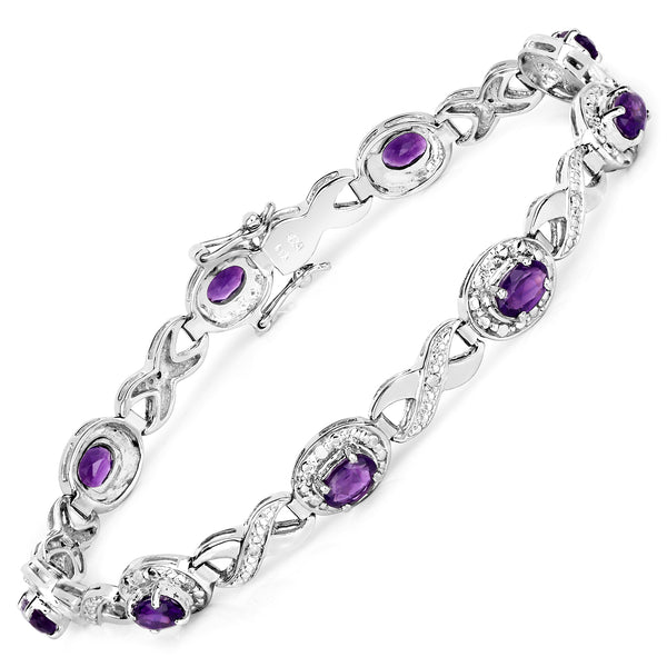 3.58 Carat Genuine Amethyst and White Diamond .925 Sterling Silver Bracelet