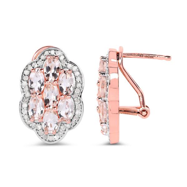 14K Rose Gold Plated 3.52 Carat Genuine Morganite And White Diamond .925 Sterling Silver Earrings