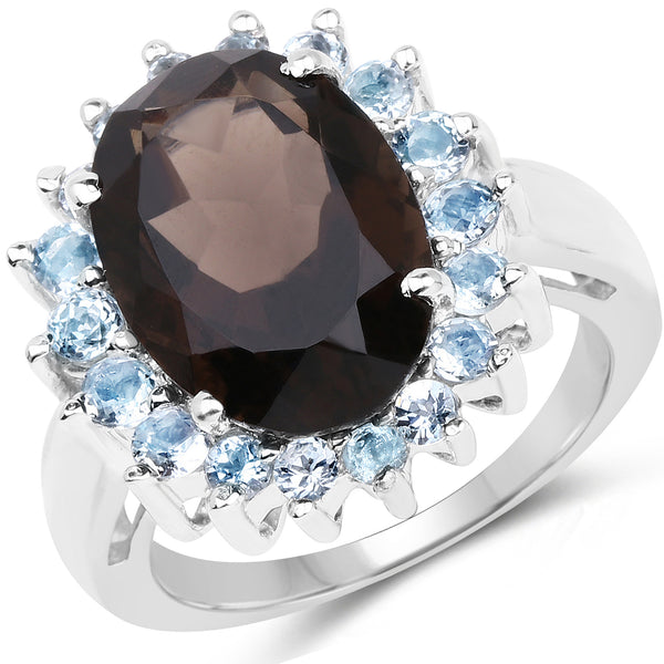 6.79 Carat Genuine Smoky Quartz & Blue Topaz .925 Sterling Silver Ring