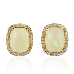 Natural Opal Diamond Stud Earrings 18k Yellow Gold Jewelry