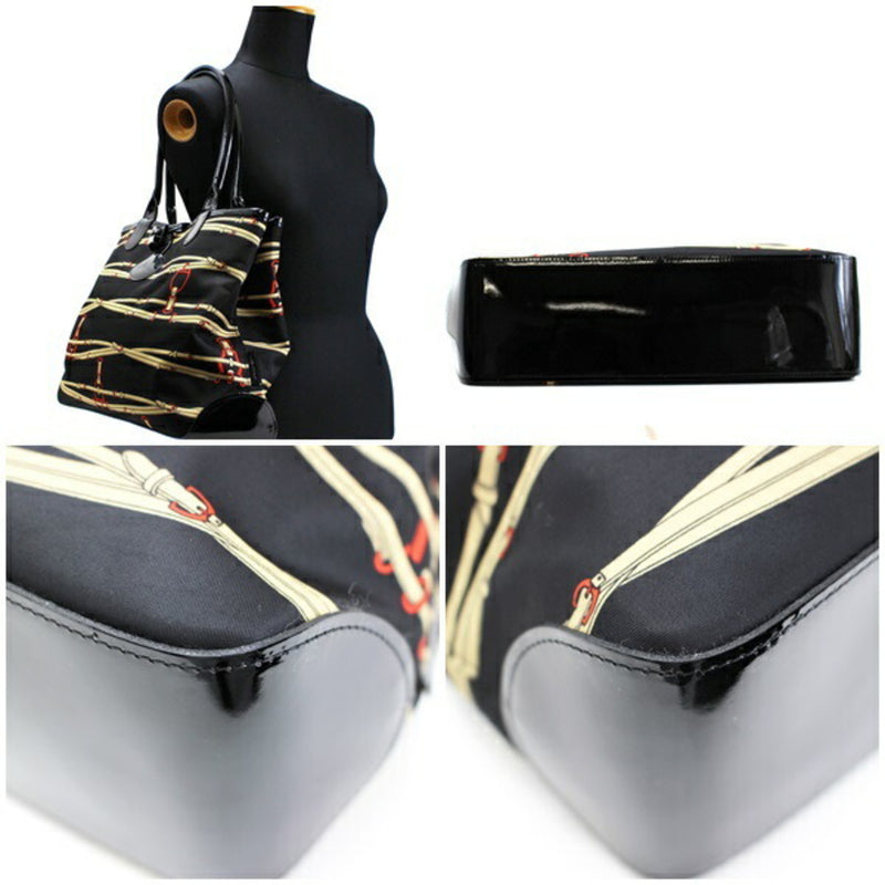 Longchamp Rozo Reversible Tote Bag Shoulder Nylon x Leather Belt Pattern Black LONGCHAMP Ladies