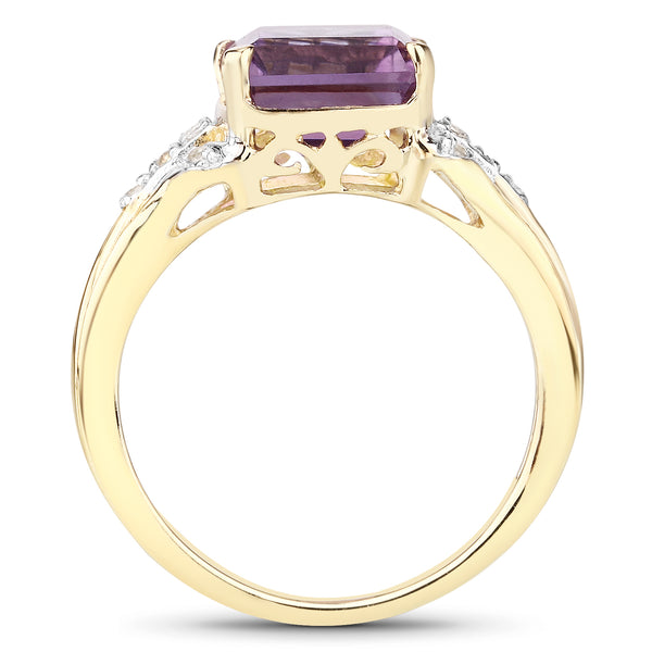 14K Yellow Gold Plated 3.90 Carat Genuine Amethyst and White Topaz .925 Sterling Silver Ring