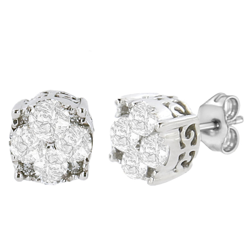 .925 Sterling Silver 1/2 cttw Prong Set Round-Cut Diamond Cluster Stud Earring (I-J Color, I2-I3 Clarity)