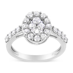 .925 Sterling Silver 1.0 Cttw Brilliant-Cut Diamond Halo-Style Cluster Oval Ring (I-J Color, I3 Clarity) - Size 7