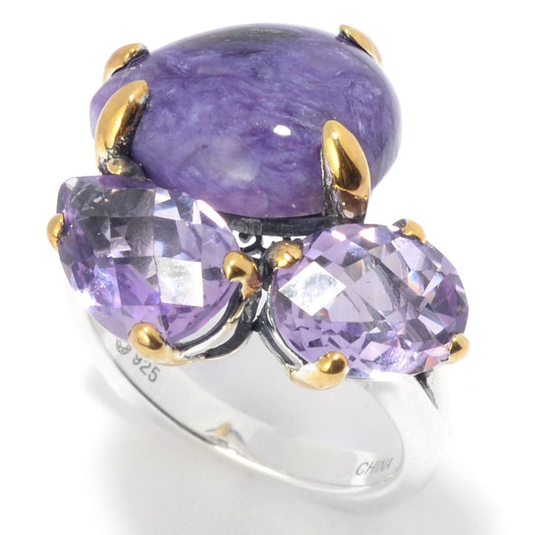 925 Sterling Silver Women Cocktail Ring Pink Amethyst and Charoite