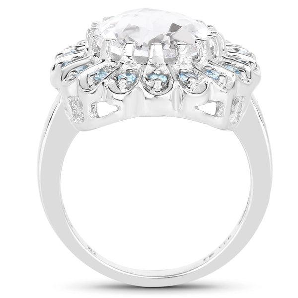 5.90 Carat Genuine Crystal Quartz and Swiss Blue Topaz .925 Sterling Silver Ring