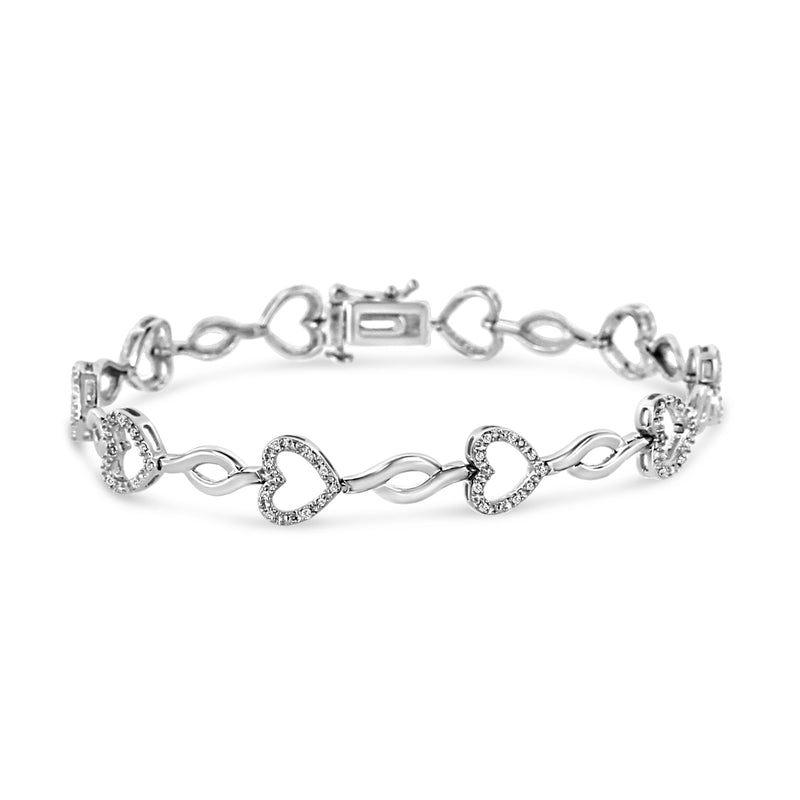 .925 Sterling Silver 1/4 Cttw Round-Cut Diamond Alternating Heart and Leaf Link Bracelet (I-J Color, I3 Clarity) - Size 7.25"