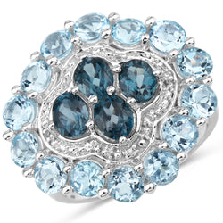 6.54 Carat Genuine London Blue Topaz, Blue Topaz and White Topaz .925 Sterling Silver Ring