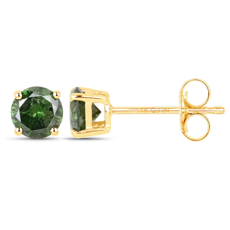 0.95 Carat Genuine Green Diamond 14K Yellow Gold Earrings (I1-I2)