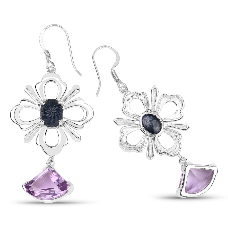 17.10 Carat Genuine Blue Sapphire and Amethyst .925 Sterling Silver Earrings