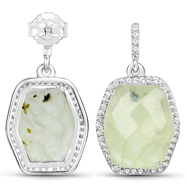 15.25 Carat Genuine Prehnite and White Topaz .925 Sterling Silver Earrings