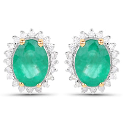 2.75 Carat Genuine Zambian Emerald and White Diamond 14K Yellow Gold Earrings