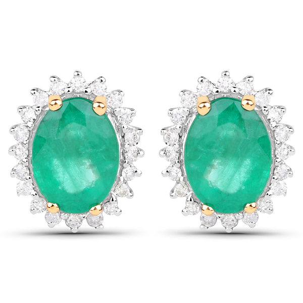 2.75 Carat Genuine Zambian Emerald and White Diamond 14K Yellow Gold Earrings