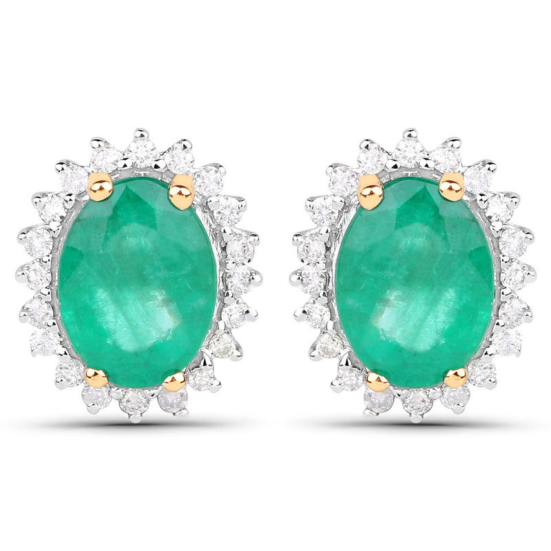 2.75 Carat Genuine Zambian Emerald and White Diamond 14K Yellow Gold Earrings