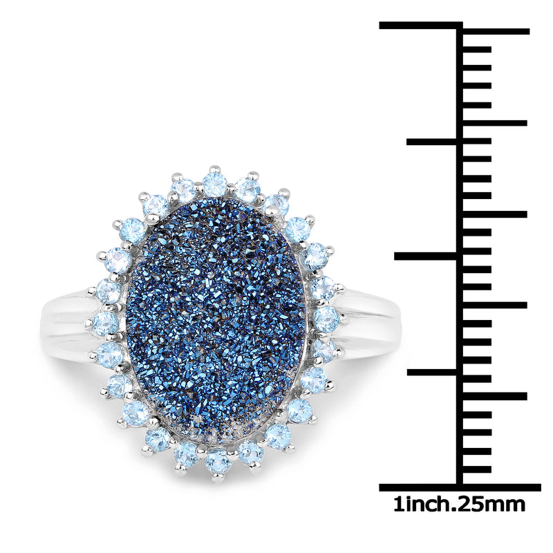 3.68 Carat Genuine Drusy Quartz and Swiss Blue Topaz .925 Sterling Silver Ring