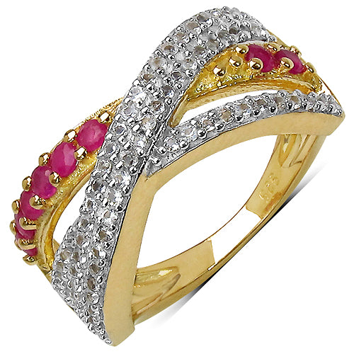 14K Yellow Gold Plated 0.70 Carat Genuine Ruby & White Topaz .925 Sterling Silver Ring