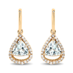 1.05 Carat Genuine Aquamarine and White Diamond 14K Yellow Gold Earrings