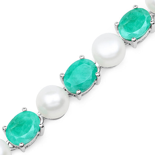 33.00 Carat Genuine Emerald and Pearl .925 Sterling Silver Bracelet