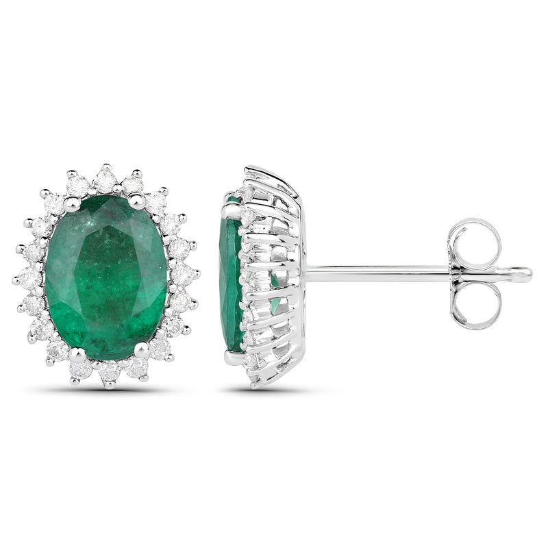 2.65 Carat Genuine Zambian Emerald and White Diamond 14K White Gold Earrings