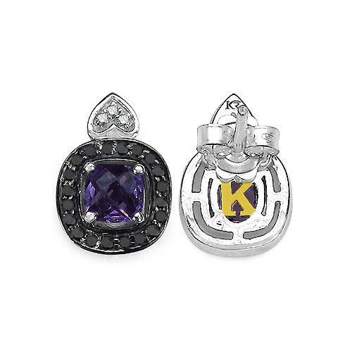 1.36 Carat Genuine Amethyst, Black Diamond & White Diamond .925 Sterling Silver Earrings