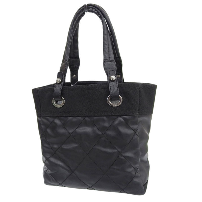 Chanel Handbag Paris Biarritz Womens Coated Canvas HandbagTote Bag Black