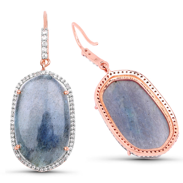 14K Rose Gold Plated 28.08 Carat Genuine Labradorite And White Topaz .925 Sterling Silver Earrings