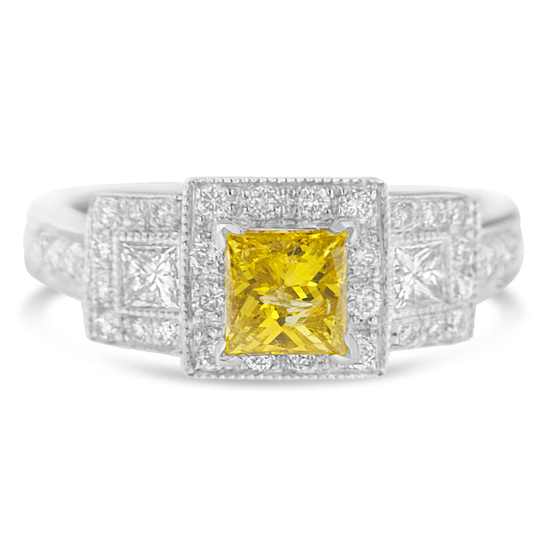 14k White Gold 1 1/2ct Round and Treated Yellow Princess Diamond Wedding Ring(H-I SI1-SI2)