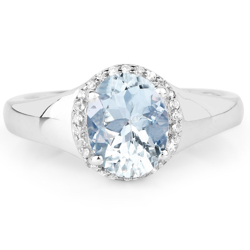 1.53 Carat Genuine Aquamarine and White Topaz .925 Sterling Silver Ring