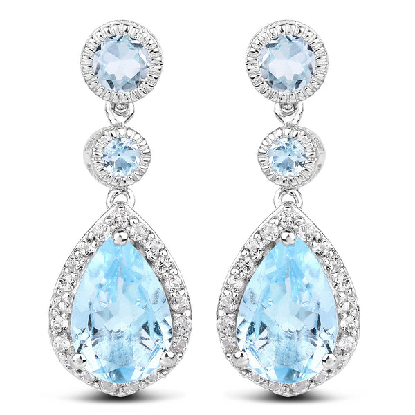 9.46 Carat Genuine Blue Topaz & White Topaz .925 Sterling Silver Earrings