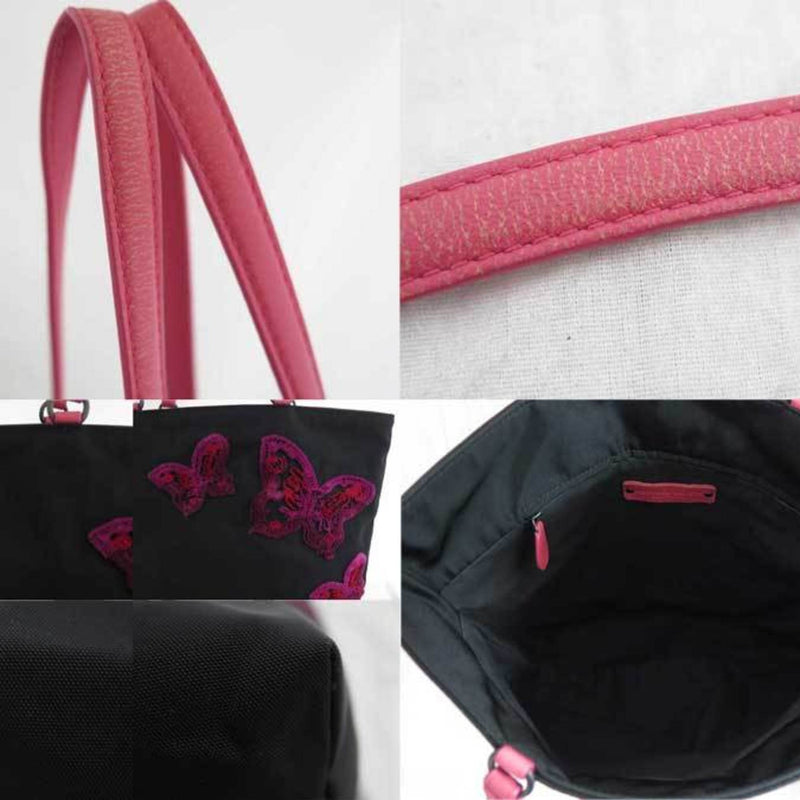 BOTTEGA VENETA Bag Butterfly Black Pink Nylon Leather Tote Shoulder Ladies