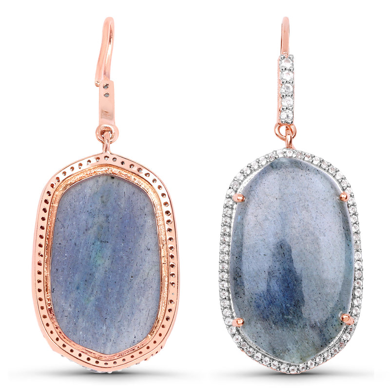 14K Rose Gold Plated 28.08 Carat Genuine Labradorite And White Topaz .925 Sterling Silver Earrings