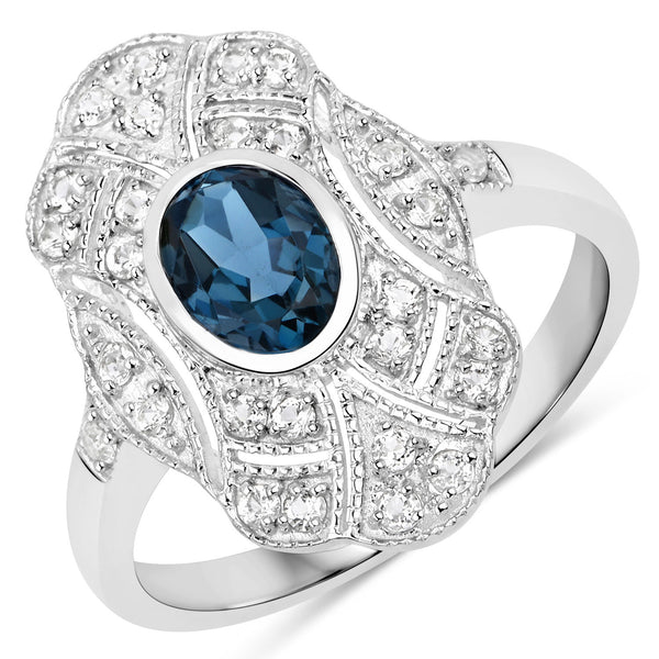 1.32 Carat Genuine London Blue Topaz and White Topaz .925 Sterling Silver Ring