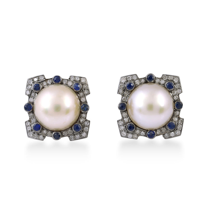 0.3ct Pave Diamond Pearl Sapphire Stud Earrings Gold 925 Sterling Silver Jewelry
