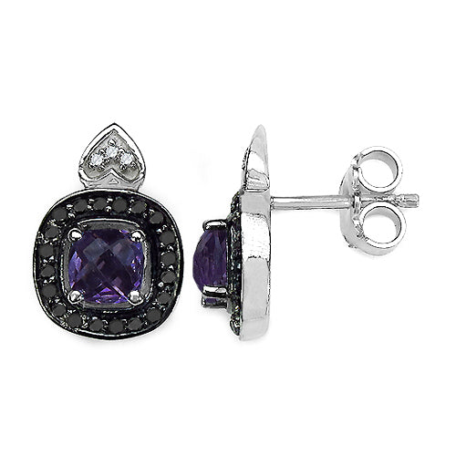 1.36 Carat Genuine Amethyst, Black Diamond & White Diamond .925 Sterling Silver Earrings