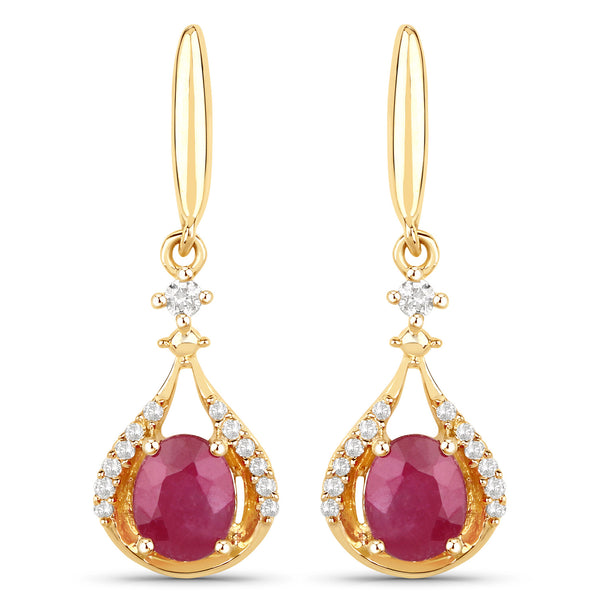 0.70 Carat Genuine Ruby and White Diamond 14K Yellow Gold Earrings