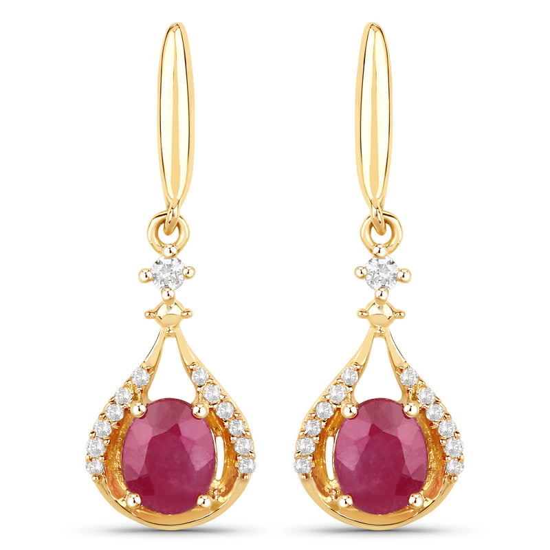 0.70 Carat Genuine Ruby and White Diamond 14K Yellow Gold Earrings