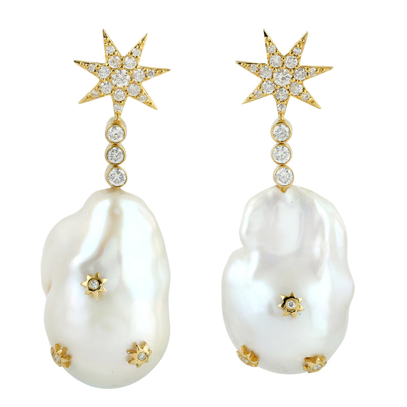 Natural Pearl Dangle Earrings 18k Yellow Gold Diamond Jewelry