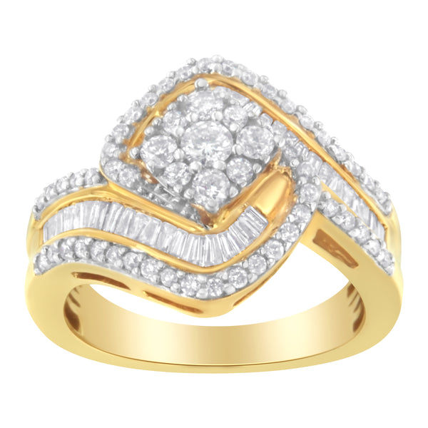 14K Yellow Gold 1.0 Cttw Baguette & Brilliant-Cut Diamond Round Floral Cluster Engagement or Fashion Ring with Swirl Wrapped Triple Row Band (H-I Color, SI2-I1 Clarity) - Size 6-3/4