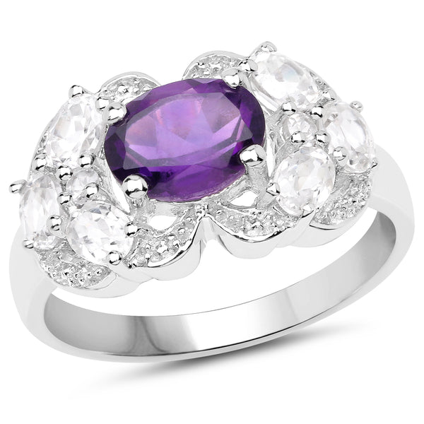 2.75 Carat Genuine Amethyst and White Zircon .925 Sterling Silver Ring