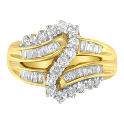 10K Yellow Gold Round and Baguette Cut Diamond Bypass Ring (1 Cttw, J-K Color, I2-I3 Clarity) - Size 7