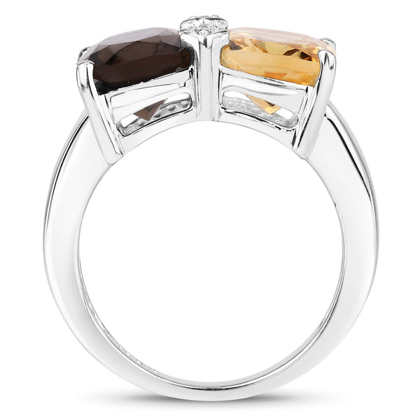 5.01 Carat Genuine Smoky Quartz, Citrine and White Sapphire .925 Sterling Silver Ring