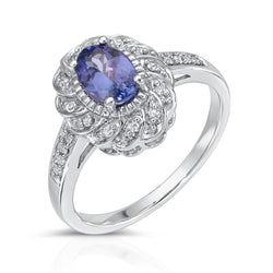 0.87 Carat Genuine Tanzanite and White Diamond .925 Sterling Silver Ring