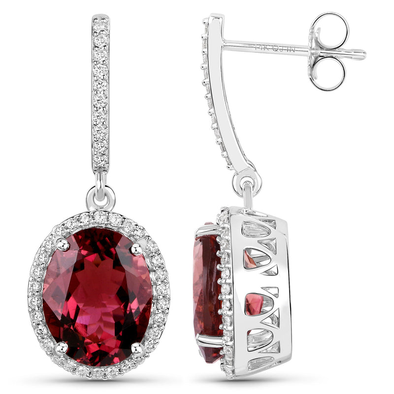 6.86 Carat Genuine Royal Pink Tourmaline and White Diamond 14K White Gold Earrings