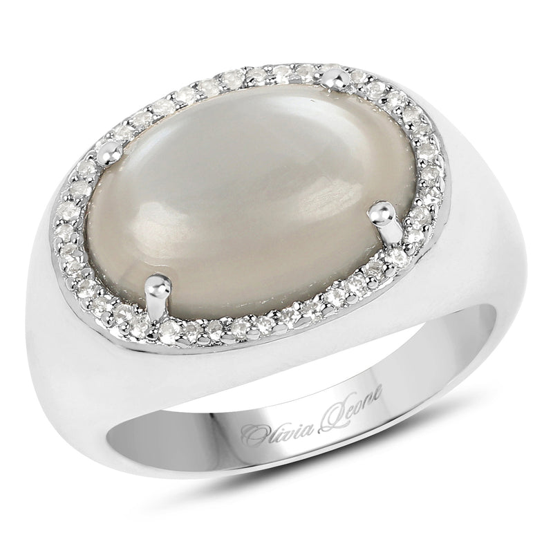 5.28 Carat Genuine Grey Moonstone And White Topaz .925 Sterling Silver Ring