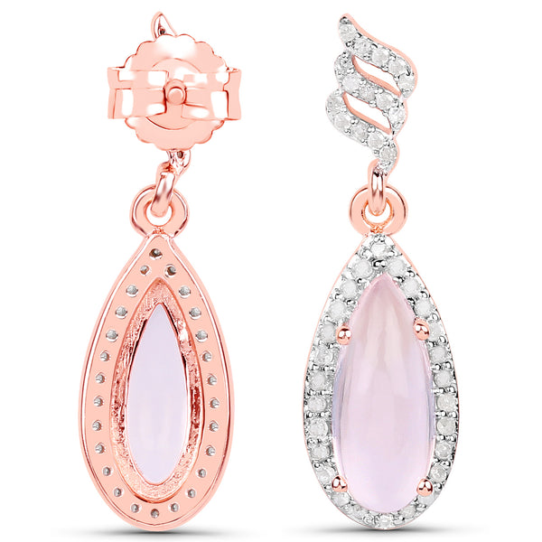 18K Rose Gold Plated 3.38 Carat Genuine Rose Quartz and White Diampond .925 Sterling Silver Earrings