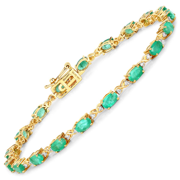 3.86 Carat Genuine Zambian Emerald and White Diamond 14K Yellow Gold Bracelet