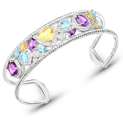 7.27 Carat Genuine Multi Stones .925 Sterling Silver Cuff Bangle