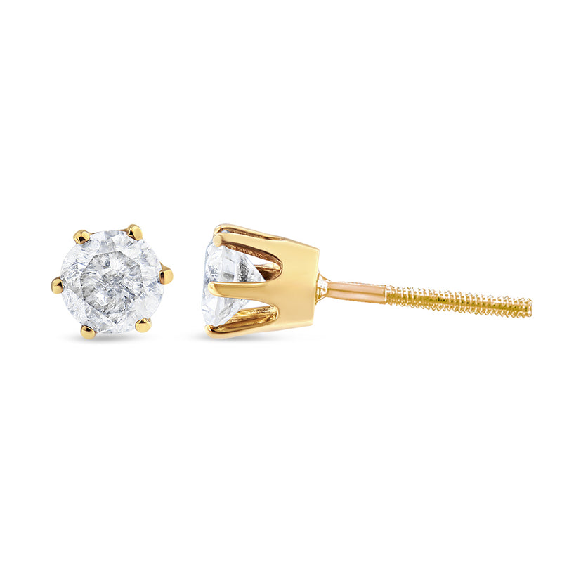 AGS Certified 2.00 Cttw Round Brilliant-Cut Near Colorless Diamond 14K Yellow Gold 6-Prong-Set Solitaire Stud Earrings with Screw Backs (F-G Color, I1-I2 Clarity)