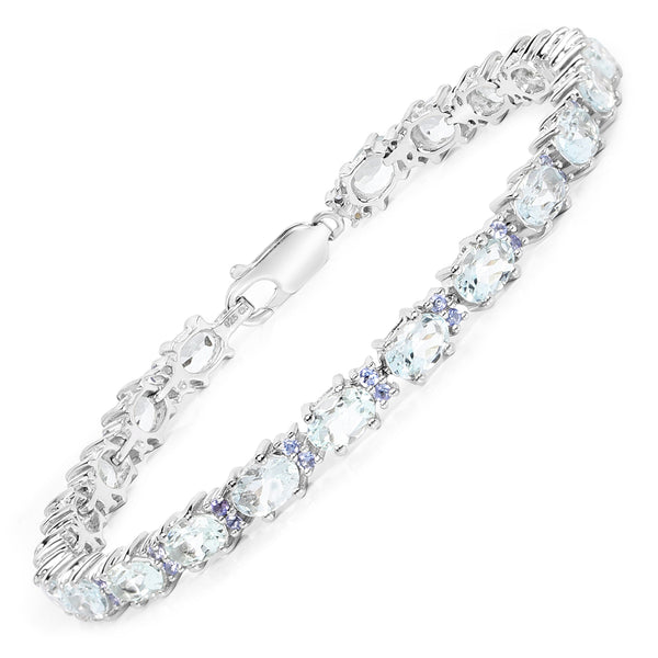 9.68 Carat Genuine Aquamarine and Tanzanite .925 Sterling Silver Bracelet